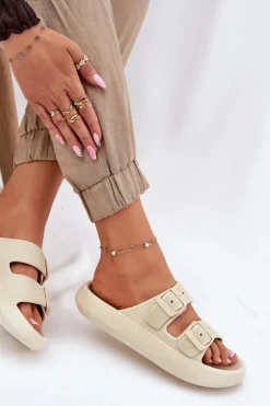 Hot Boto Klapki Damskie Na Platformie Z Klamrami Beżowe Nitiana