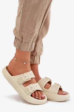 Hot Boto Klapki Damskie Na Platformie Z Klamrami Beżowe Nitiana