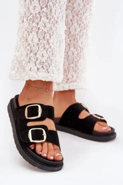 Klapki Na Platformie|Klapki Damskie Klasyczne>Boto Klapki Damskie Na Platformie Ze Złotymi Klamrami Czarne Verena Czarny