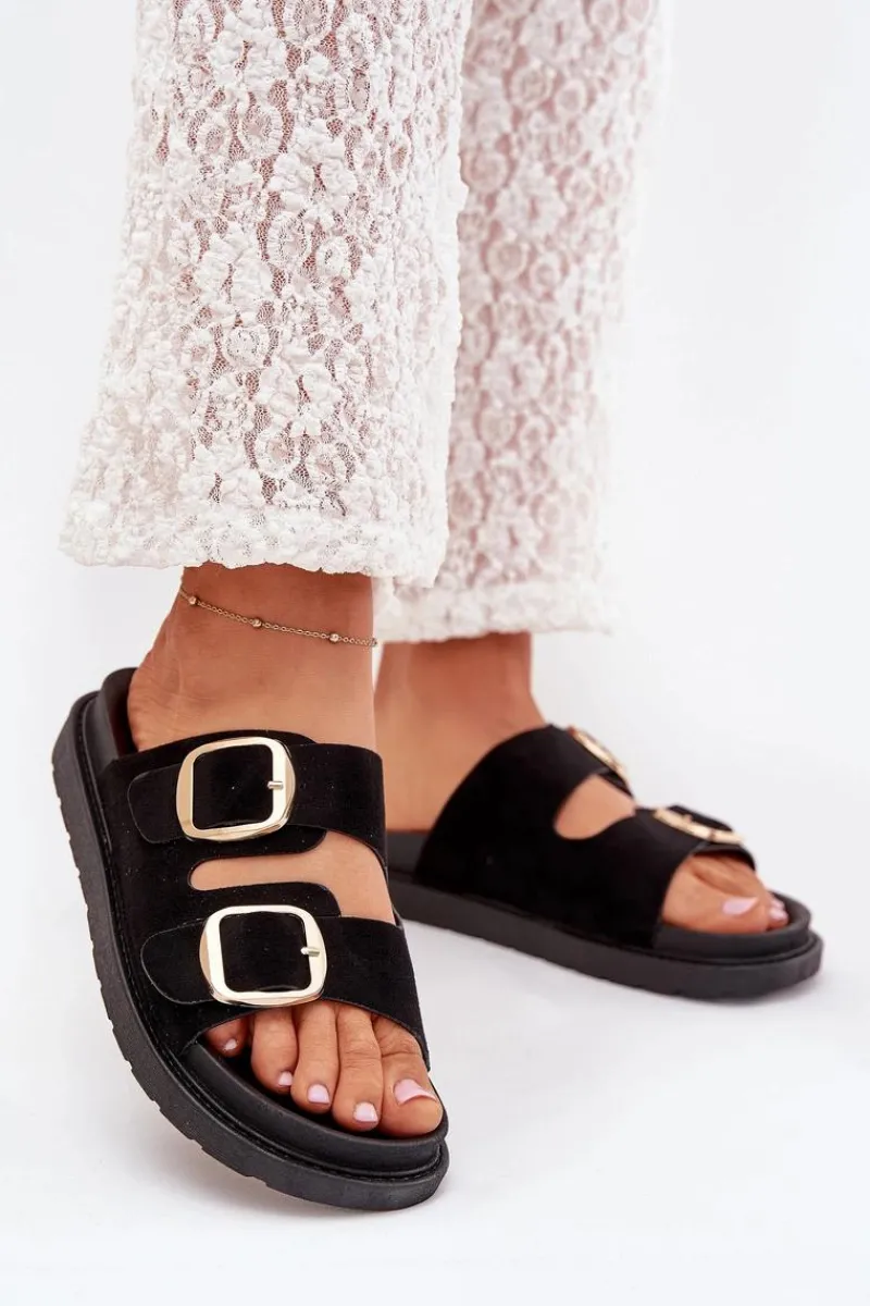 Klapki Na Platformie|Klapki Damskie Klasyczne>Boto Klapki Damskie Na Platformie Ze Złotymi Klamrami Czarne Verena Czarny