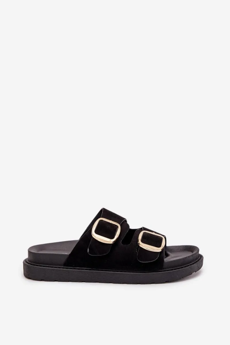 Klapki Na Platformie|Klapki Damskie Klasyczne>Boto Klapki Damskie Na Platformie Ze Złotymi Klamrami Czarne Verena Czarny