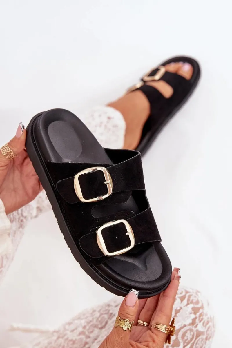 Klapki Na Platformie|Klapki Damskie Klasyczne>Boto Klapki Damskie Na Platformie Ze Złotymi Klamrami Czarne Verena Czarny