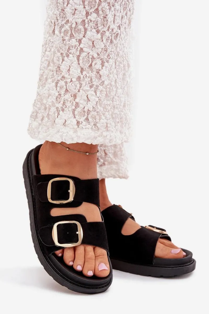 Klapki Na Platformie|Klapki Damskie Klasyczne>Boto Klapki Damskie Na Platformie Ze Złotymi Klamrami Czarne Verena Czarny