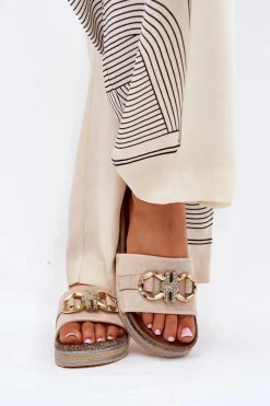 Klapki Korkowe|Klapki Na Platformie>Boto Klapki Damskie Na Platformie Z Brokatem I Złotą Ozdobą Beżowe Rilirea