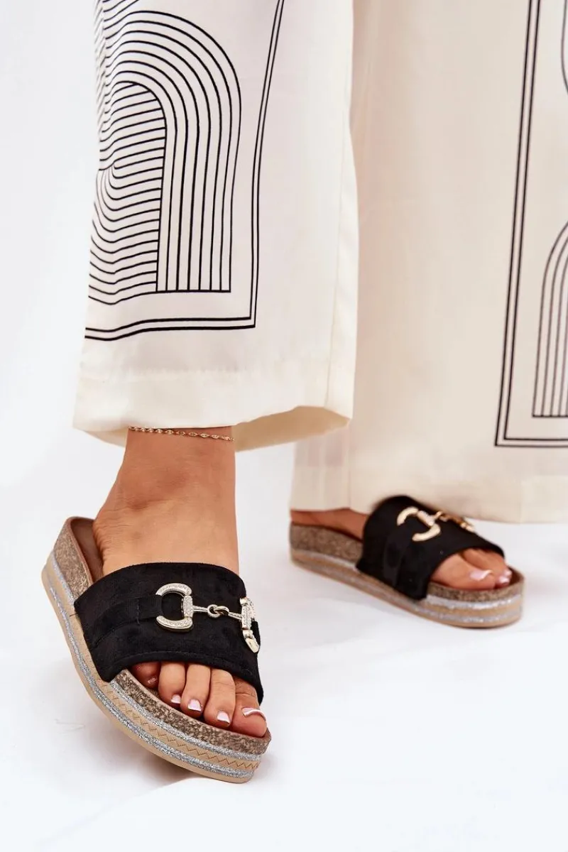 Klapki Korkowe|Klapki Na Platformie>Boto Klapki Damskie Na Platformie Ze Złotą Ozdobą I Brokatem Czarne Morisela Czarny