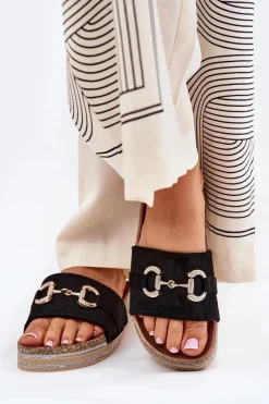 Klapki Korkowe|Klapki Na Platformie>Boto Klapki Damskie Na Platformie Ze Złotą Ozdobą I Brokatem Czarne Morisela Czarny