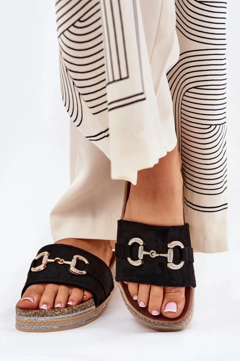 Klapki Korkowe|Klapki Na Platformie>Boto Klapki Damskie Na Platformie Ze Złotą Ozdobą I Brokatem Czarne Morisela Czarny