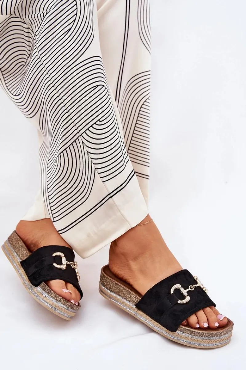 Klapki Korkowe|Klapki Na Platformie>Boto Klapki Damskie Na Platformie Ze Złotą Ozdobą I Brokatem Czarne Morisela Czarny