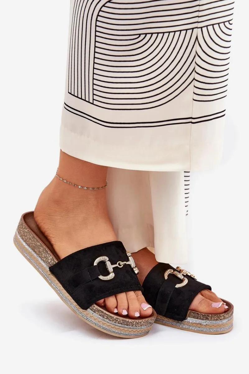 Klapki Korkowe|Klapki Na Platformie>Boto Klapki Damskie Na Platformie Ze Złotą Ozdobą I Brokatem Czarne Morisela Czarny