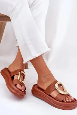 Best Boto Klapki Damskie Na Platformie Ze Złotym Detalem Camel Ularinea Brązowy