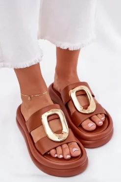 Best Boto Klapki Damskie Na Platformie Ze Złotym Detalem Camel Ularinea Brązowy