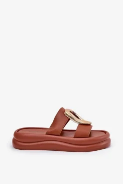 Best Boto Klapki Damskie Na Platformie Ze Złotym Detalem Camel Ularinea Brązowy