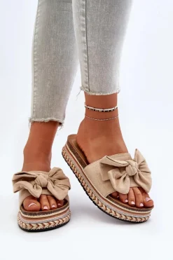 Klapki Na Platformie|Klapki Damskie Klasyczne>Boto Klapki Damskie Na Platformie Z Kokardą Beżowe Evatria