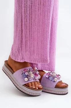 Hot Klapki Damskie Na Platformie Z Ozdobami S.Barski HY077 Fioletowe Damskie Klapki Na Platformie|Klapki Damskie Klasyczne