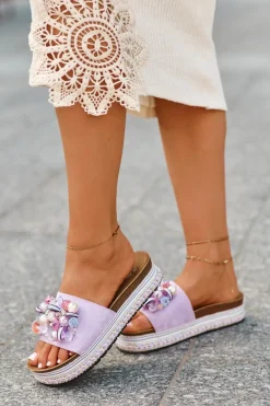 Hot Klapki Damskie Na Platformie Z Ozdobami S.Barski HY077 Fioletowe Damskie Klapki Na Platformie|Klapki Damskie Klasyczne