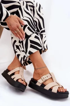 Klapki Na Platformie|Klapki Damskie Klasyczne>Boto Klapki Damskie Na Platformie Z Paskami I Klamrą Beżowe Elimessa