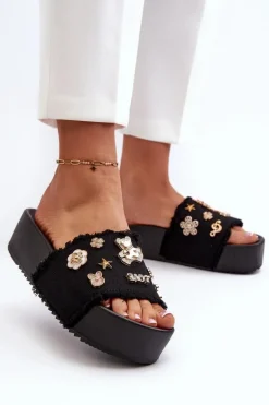Klapki Damskie Klasyczne>Boto Klapki Damskie Na Platformie Z Przypinkami Czarne Zranesia Czarny