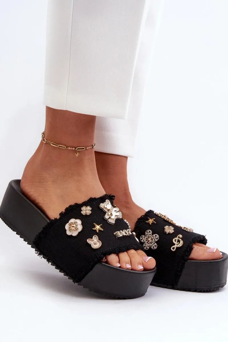 Klapki Damskie Klasyczne>Boto Klapki Damskie Na Platformie Z Przypinkami Czarne Zranesia Czarny