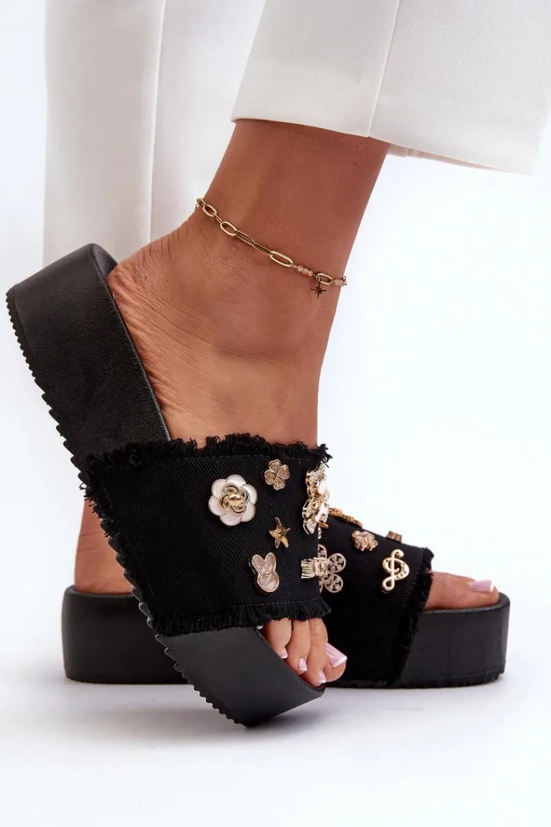 Klapki Damskie Klasyczne>Boto Klapki Damskie Na Platformie Z Przypinkami Czarne Zranesia Czarny