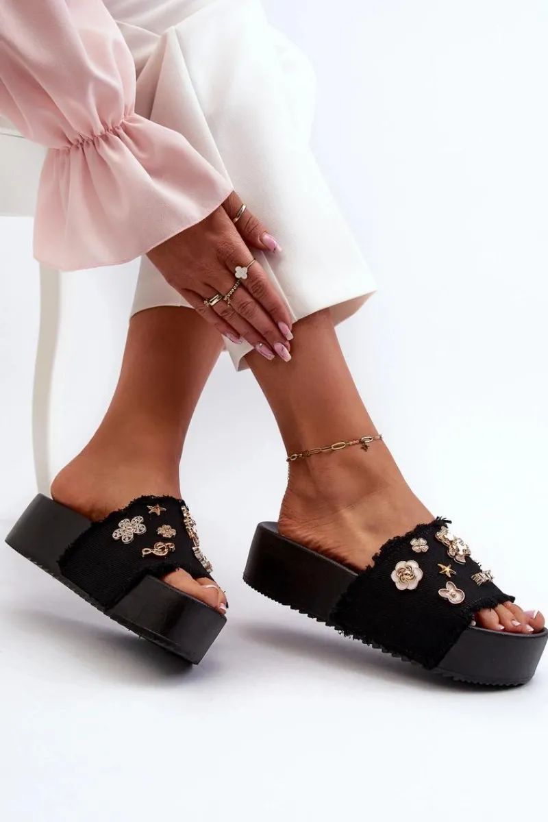 Klapki Damskie Klasyczne>Boto Klapki Damskie Na Platformie Z Przypinkami Czarne Zranesia Czarny