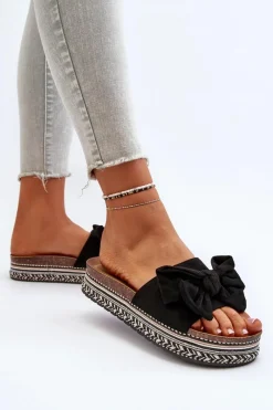 Online Boto Klapki Damskie Na Platformie Z Kokardą Czarne Evatria