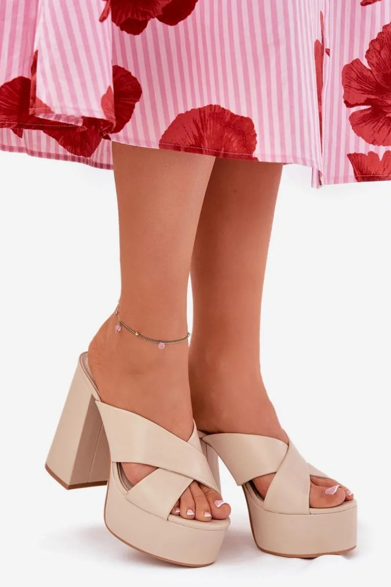 Discount Boto Klapki Damskie Na Platformie I Słupku Beżowe Lenobos Beżowy