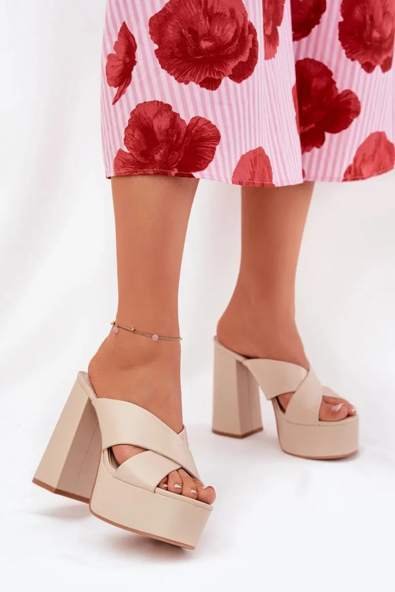 Discount Boto Klapki Damskie Na Platformie I Słupku Beżowe Lenobos Beżowy