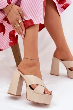 Discount Boto Klapki Damskie Na Platformie I Słupku Beżowe Lenobos Beżowy