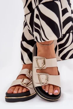 Best Boto Klapki Damskie Na Platformie Ze Złotymi Klamrami Beżowe Tersele