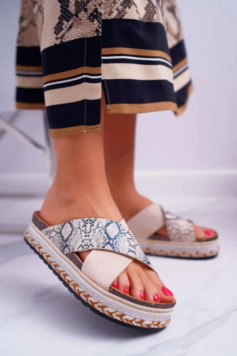 Boto Klapki Damskie Na Platformie Beż Snake Greta