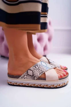 Boto Klapki Damskie Na Platformie Beż Snake Greta