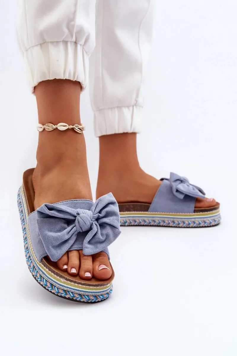 Klapki Damskie Na Platformie Z Kokardą Niebieskie Evatria Damskie Klapki Na Platformie|Klapki Damskie Klasyczne