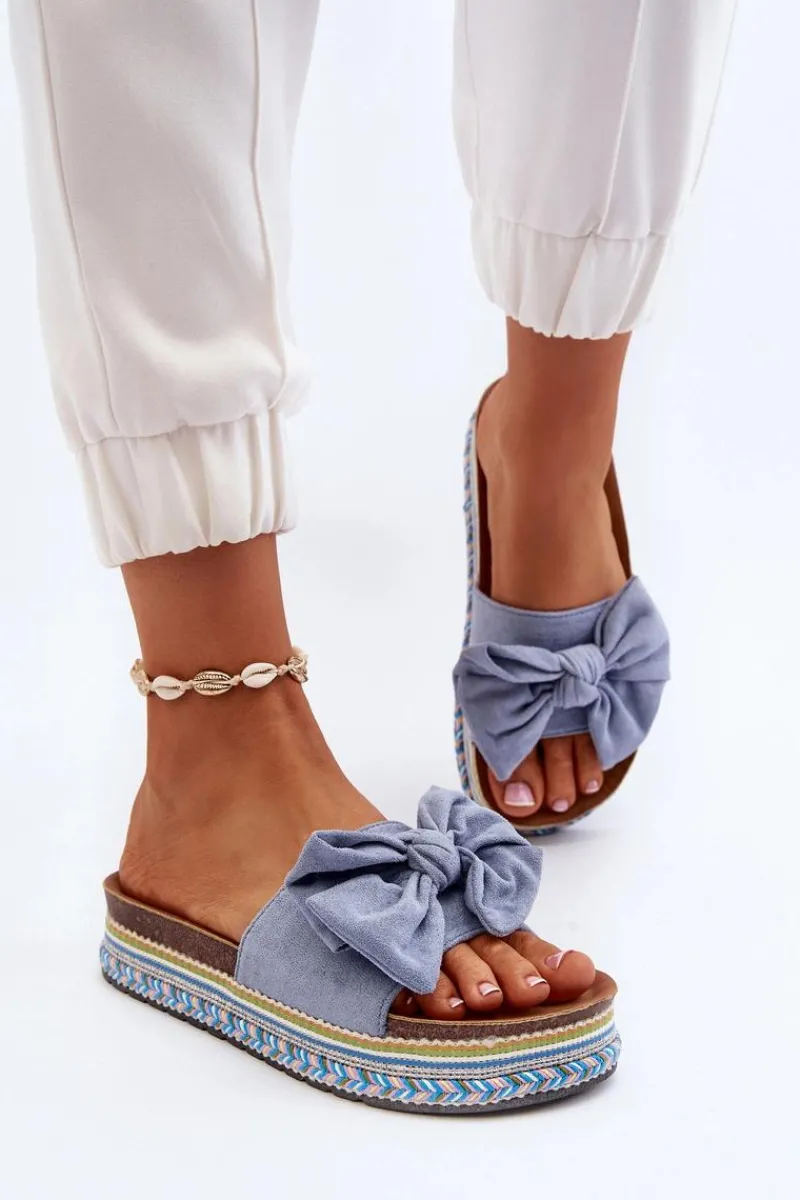 Klapki Damskie Na Platformie Z Kokardą Niebieskie Evatria Damskie Klapki Na Platformie|Klapki Damskie Klasyczne