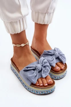 Klapki Damskie Na Platformie Z Kokardą Niebieskie Evatria Damskie Klapki Na Platformie|Klapki Damskie Klasyczne