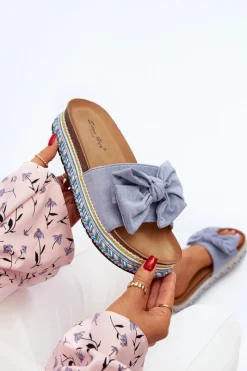 Klapki Damskie Na Platformie Z Kokardą Niebieskie Evatria Damskie Klapki Na Platformie|Klapki Damskie Klasyczne