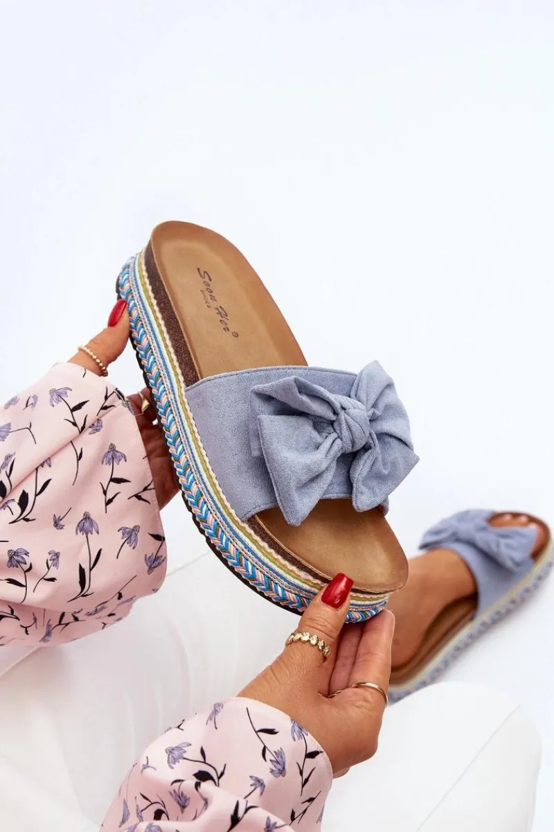 Klapki Damskie Na Platformie Z Kokardą Niebieskie Evatria Damskie Klapki Na Platformie|Klapki Damskie Klasyczne