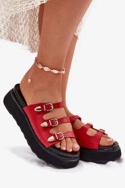 Best Boto Klapki Damskie Na Platformie Z Paskami Czerwone Nimiotte Czerwony