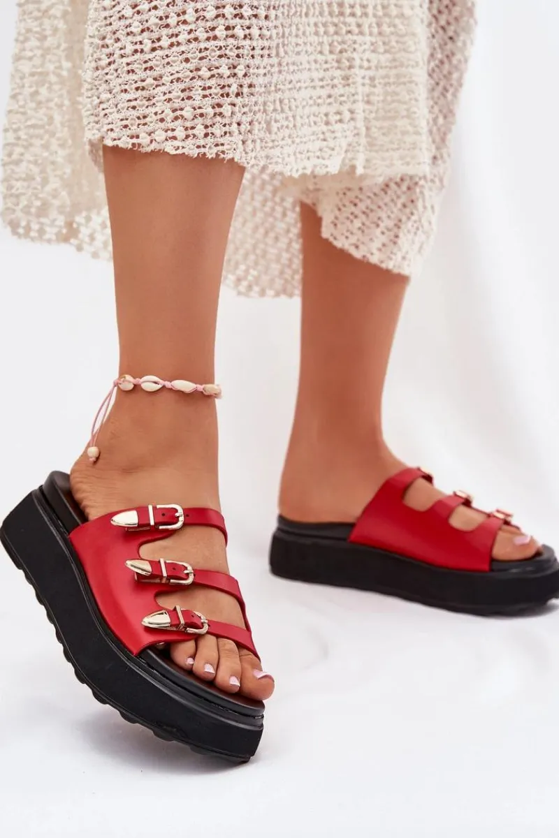 Best Boto Klapki Damskie Na Platformie Z Paskami Czerwone Nimiotte Czerwony