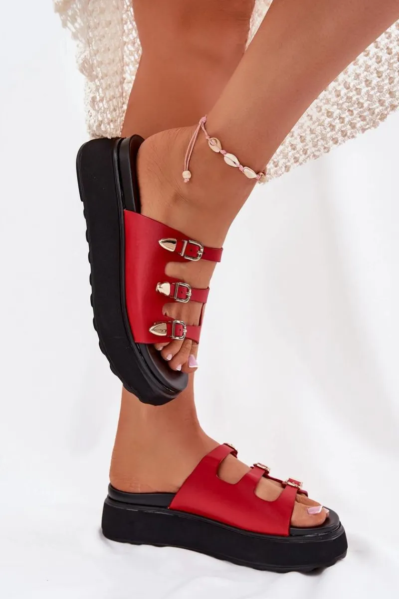 Best Boto Klapki Damskie Na Platformie Z Paskami Czerwone Nimiotte Czerwony