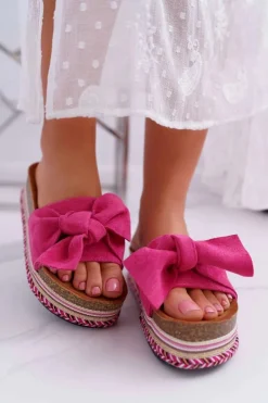 Hot Klapki Damskie Na Platformie Z Kokardą Fuksja Chantal Damskie Klapki Na Platformie|Klapki Damskie Klasyczne