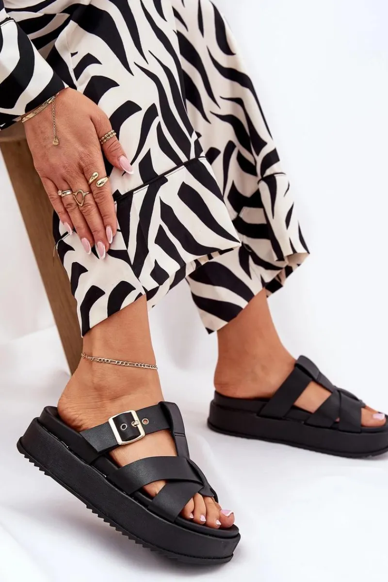 Outlet Klapki Damskie Na Platformie Z Paskami I Klamrą Czarne Elimessa Damskie Klapki Na Platformie|Klapki Damskie Klasyczne