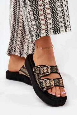 Sale Boto Klapki Damskie Na Platformie Z Klamrami I Plecionką Czarne Limme