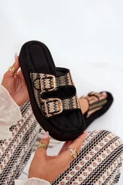 Sale Boto Klapki Damskie Na Platformie Z Klamrami I Plecionką Czarne Limme