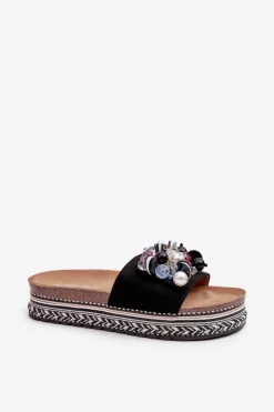 Klapki Damskie Na Platformie Z Ozdobami S.Barski HY077 Czarne Damskie Klapki Na Platformie|Klapki Damskie Klasyczne