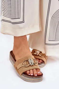 Boto Klapki Damskie Na Platformie Z Brokatem I Złotą Ozdobą Camel Rilirea