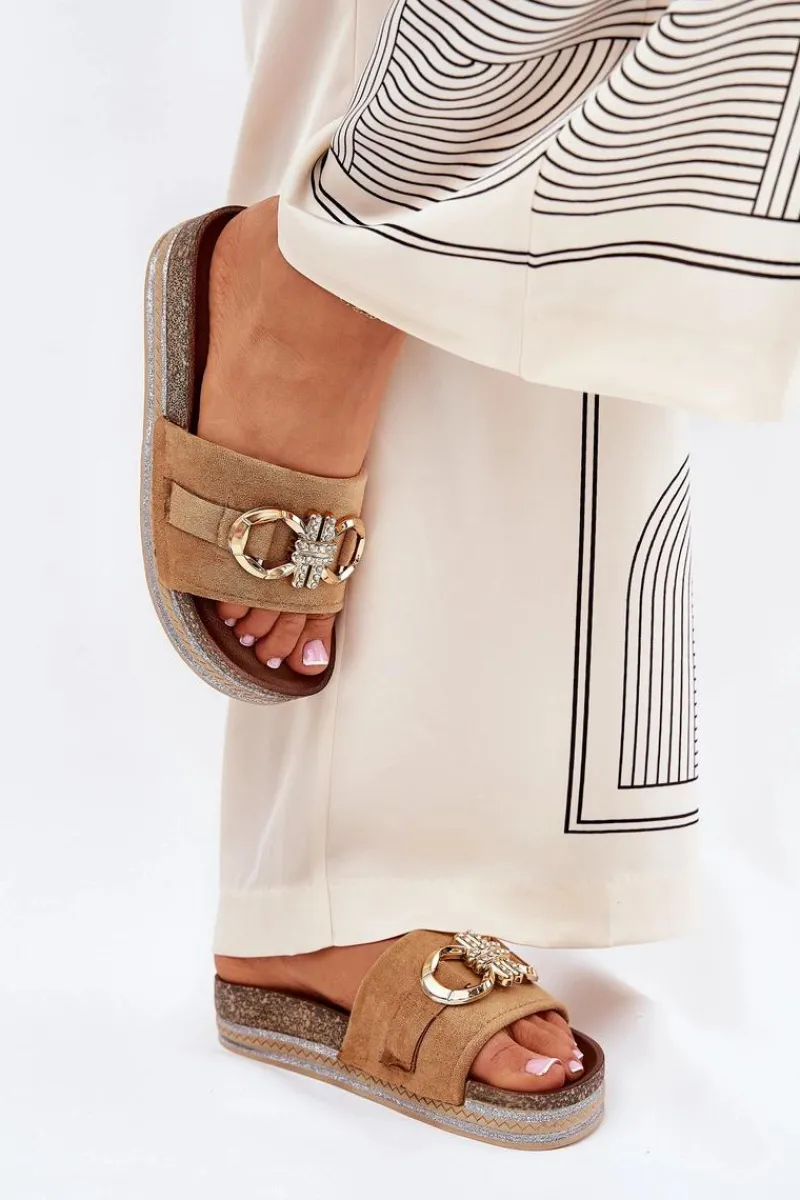 Boto Klapki Damskie Na Platformie Z Brokatem I Złotą Ozdobą Camel Rilirea