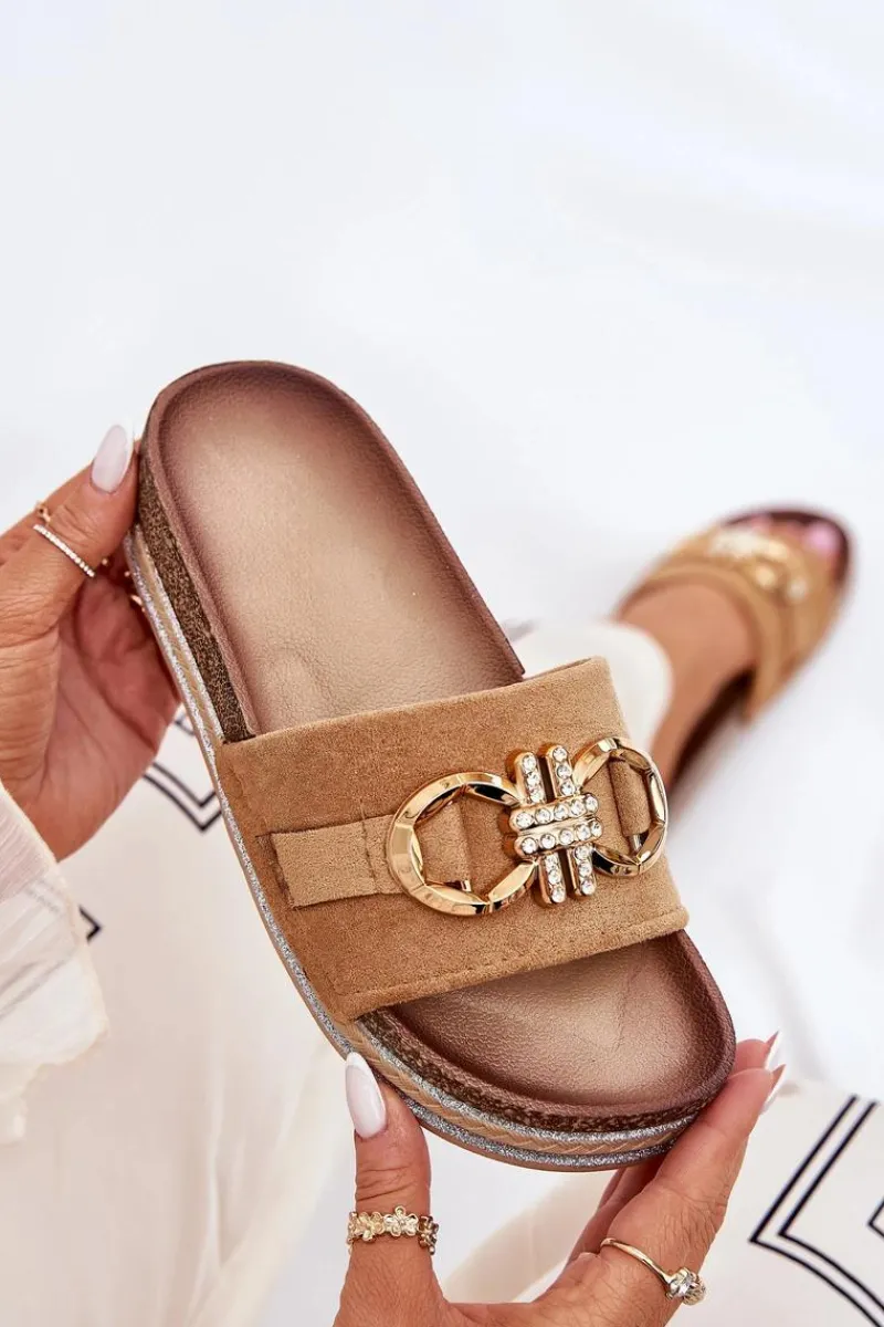 Boto Klapki Damskie Na Platformie Z Brokatem I Złotą Ozdobą Camel Rilirea