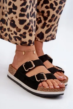 Klapki Damskie Klasyczne>Evento Klapki Damskie Na Platformie Z Klamrami Eko Zamszowe Czarne Ursila