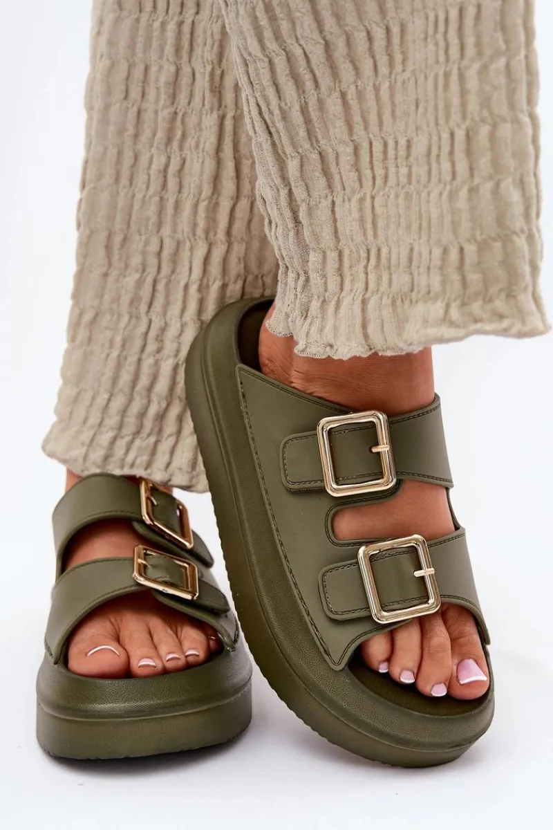 Outlet Boto Klapki Damskie Na Platformie Ze Złotymi Klamrami Zielone Zorila