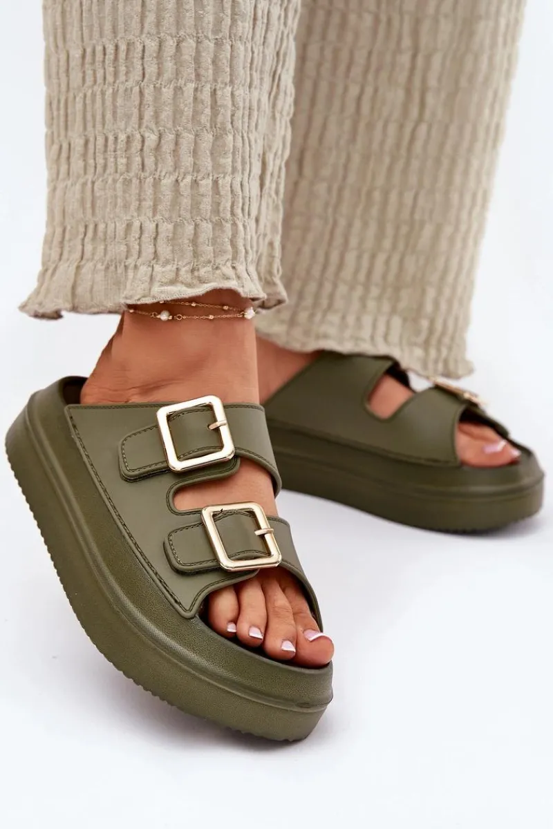 Outlet Boto Klapki Damskie Na Platformie Ze Złotymi Klamrami Zielone Zorila